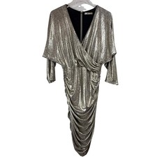 Alice Olivia PACE Metallic Ruched V Neck Dolman Sleeve Midi Dress Gold WOMEN 12