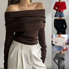 Women's Long Sleeve Off the Shoulder Knitted Pullover Elegant Sweater Tops