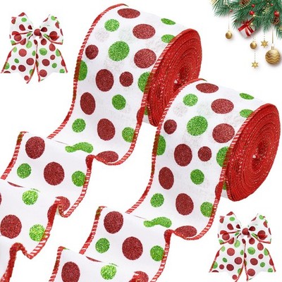 22 Yard Christmas Ribbon Wired 2-1/2 Inch Burlap Glitter Red Green Polka Dot