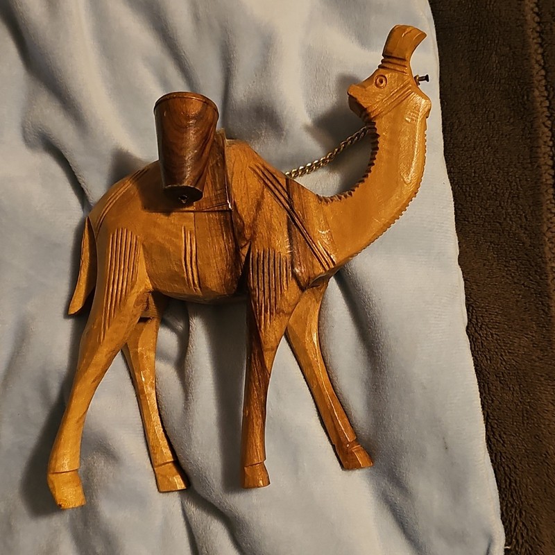 Handmade Hand Carved Wooden Camel Figurine with Chain and Buckets