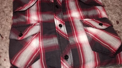 HELIX!! Mens Athletic Red,Black Plaid Button Down Roll Tab Sleeve/ Size LARGE - Picture 14 of 20