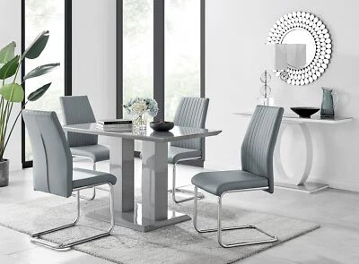 IMPERIA Grey High Gloss Dining Table And 4 Faux Leather and Chrome Dining Chairs