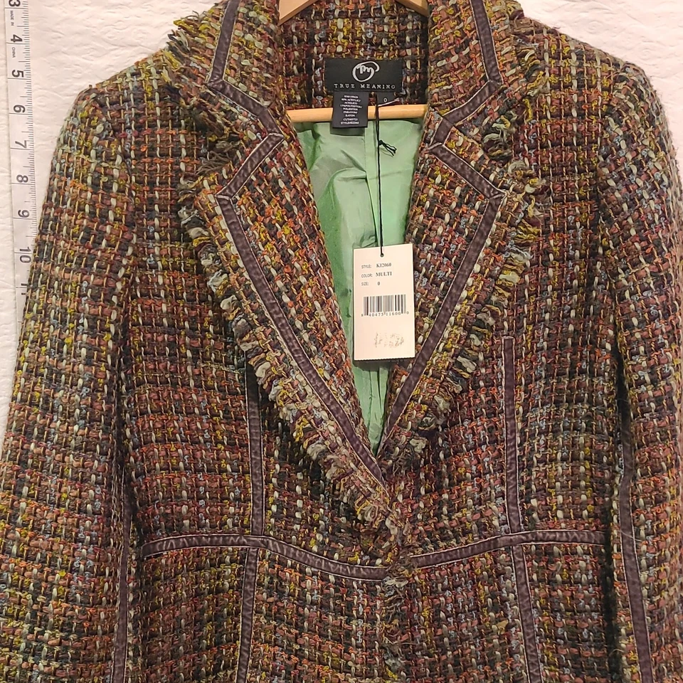 Nueva Chaqueta Blazer Verde Tweed Verdadero Significado Flecos Forrada Talla 0 Multicolor Foto 3 de 4