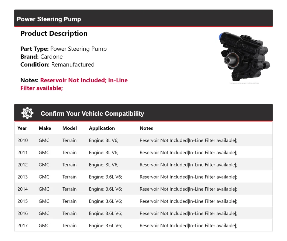 Bomba de dirección asistida Cardone para GMC Terrain 2010-2017 2011 2012 2013 2014 2015 Foto 2 de 4