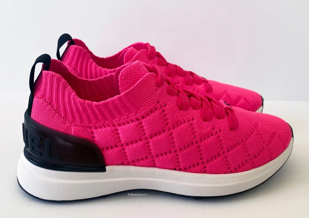 NEW 2020 20C CHANEL PINK BLACK QUILTED KNIT SNEAKERS 36.5