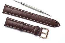 18mm Brown/White Alligator Grain Leather Watch Band Rose Gold Buckle W/ Tool