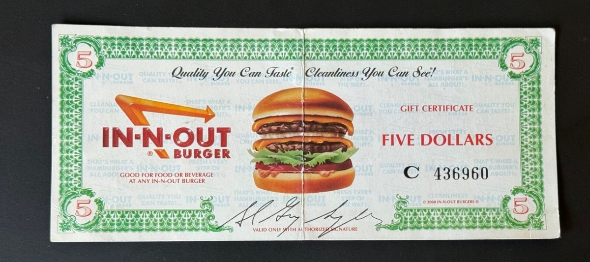 【希少】In-N-Out Burger  引換券 1994年 IN-N-OUT BURGER GIFT CERTIFICATE $5 Vintage 2000 Rare | eBay