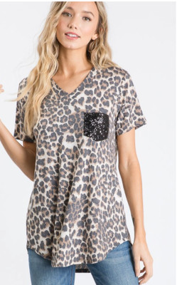 Heimish USA Short Sleeve V-Neck Leopard Print Top w/ Sequin Pocket - Size Small