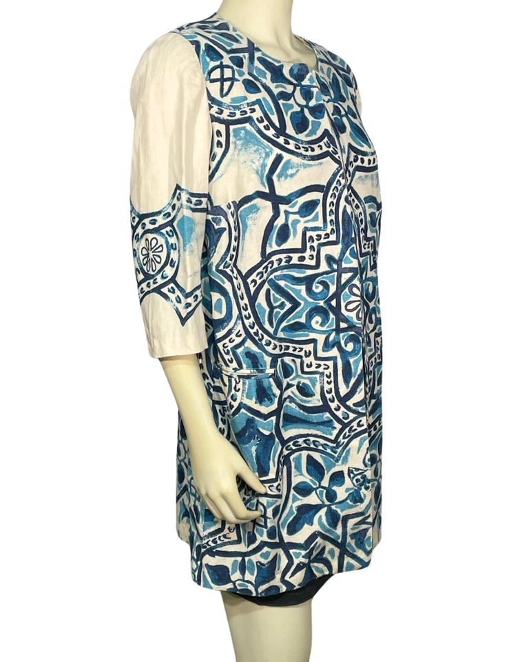 Chico's Talla 1 M 8-10 Chaqueta Abierta Plumero Artesanal Estampado Azul Blanco Lino Boho ATW Foto 2 de 4