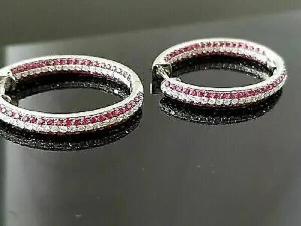 4Ct Round Cut Created Red Ruby Diamond Hoop Women Earring 14K White Gold Plated - Image 3 of 3