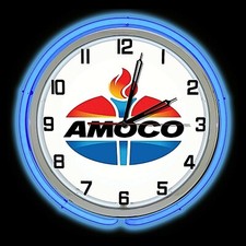 19" Amoco Oil Gasoline Logo Sign Double Neon Clock Blue Neon Chrome Finish