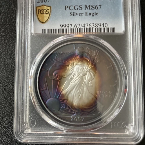 2007 $1 Silver Eagle PCGS MS67. Amazing colors. Super Toned! (924131)