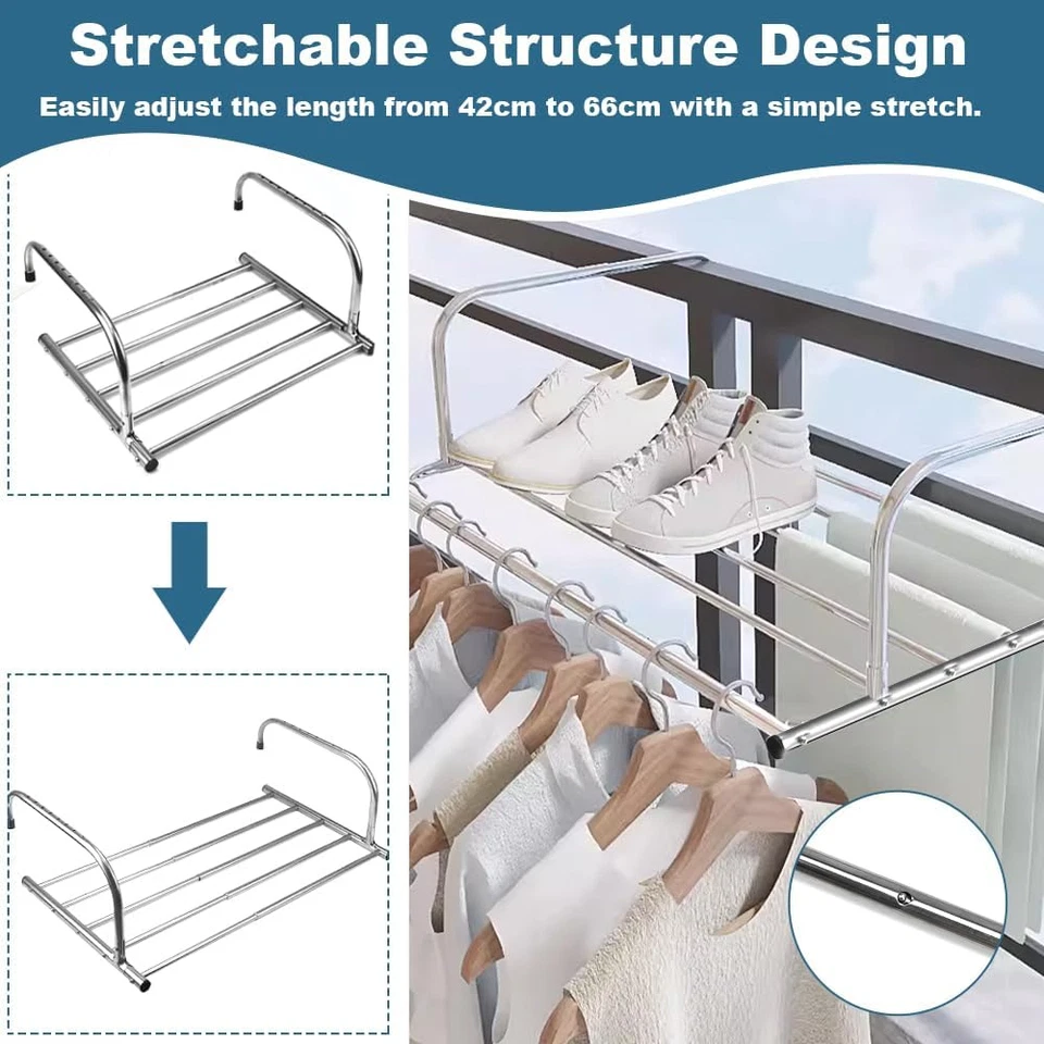 Stendino Da Balcone Allungabile 42-66Cm Appendibile Estensibile in Acciaio Inox - Immagine 4 di 4