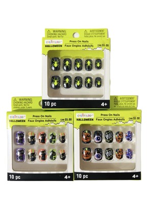 3x Halloween Faux Press On Nails With 3 Designs Pumpkin, Cat And Spider - NEW