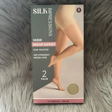 Silk Impressions Medium Support Sheer Tights Women Size Small Beige High Waisted