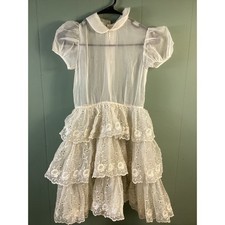 Vintage Girls Dress Sheer Top Layered Eyelet Ruffles Pageant Wedding Dance
