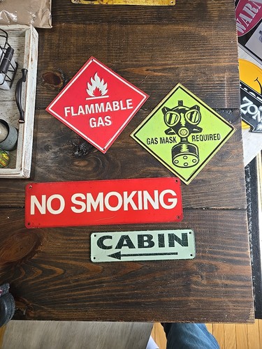 LOT OF 4 HAZZARD METAL SIGNS FLAMMABLE GAS , GAS MASK REQUIRED,NO SMOKING, CABIN