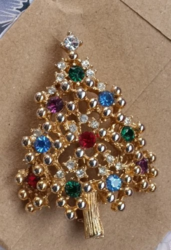 Eisenberg Christmas Tree Brooch Pin Gold Tone Multi Color Rhinestones Signed VTG