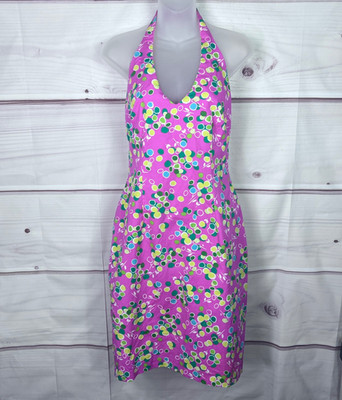 David Meister Dress Womens 6 Pink Dot Print Sheath Halter Neck Tie Back Stretch
