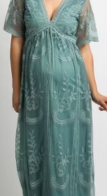 Rheas Thea Maternity Dress Size S Green lace Mash Overlay Floral Embroidered