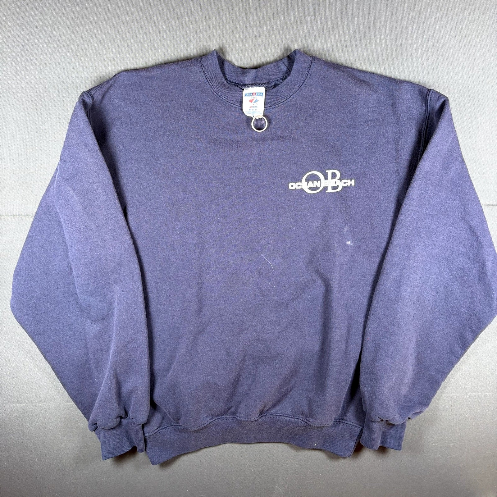 Vintage Jerzees Ocean Beach OB Crewneck Sweatshirt Navy Blue Size Medium