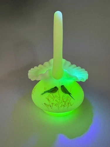 Vintage Fenton Art Glass Hand Painted Bluebirds on Custard 7” Basket