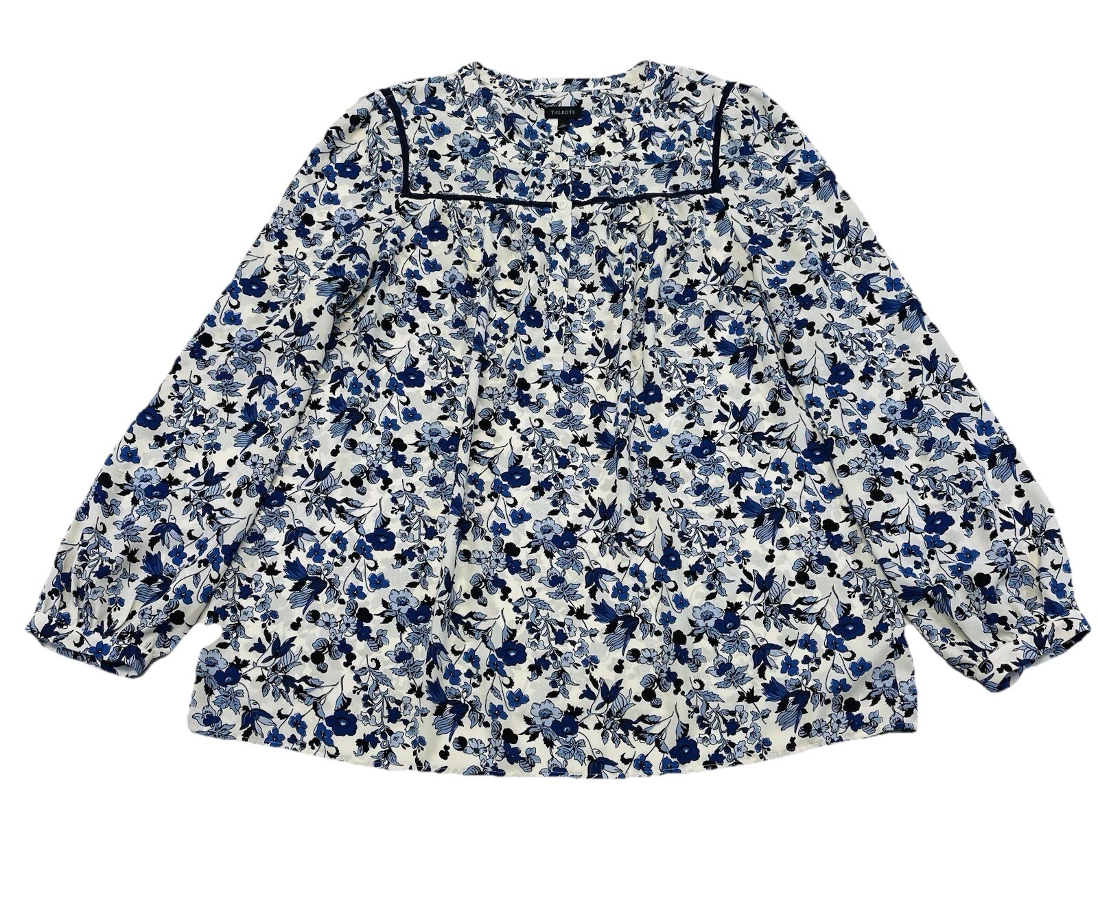Talbots Blue White Wildflower Ditzy Floral Top Size XL Boho Peasant Cottagecore