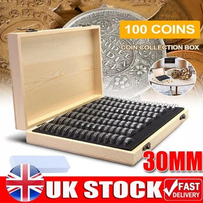 100pcs Coin Capsules Storage Box with Wooden-Case Holders Collection Display Box