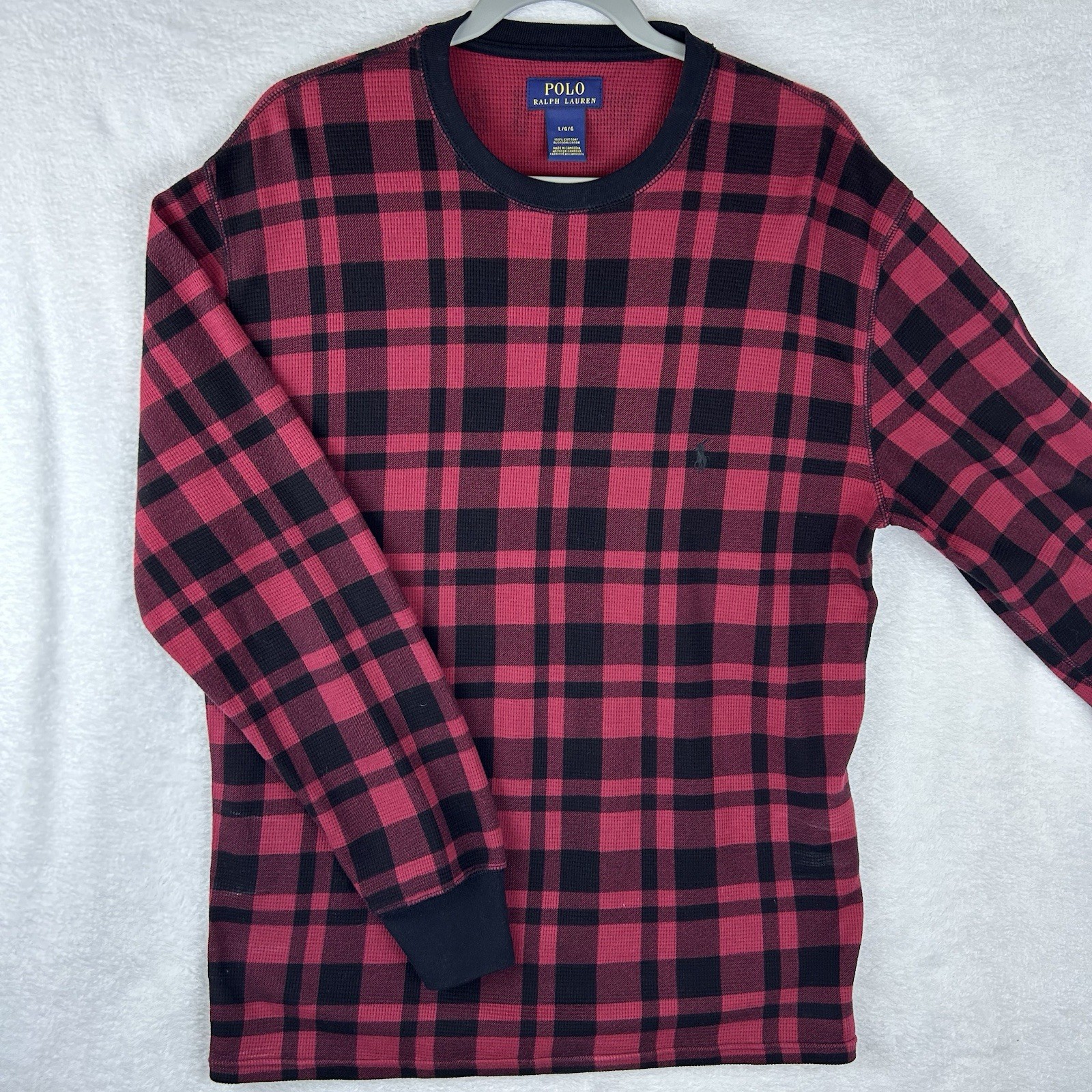 PONY Polo Ralph Lauren camicia uomo L nera rossa a quadri manica lunga maglia waffle termica