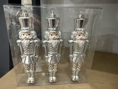 Hobby Lobby 2025 Silver Nutcracker Christmas Ornaments Set Of 3 Shatterproof