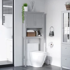 Over The Toilet Storage Cabinet, Double Door Bathroom Organizer w/ Shelf, Grey