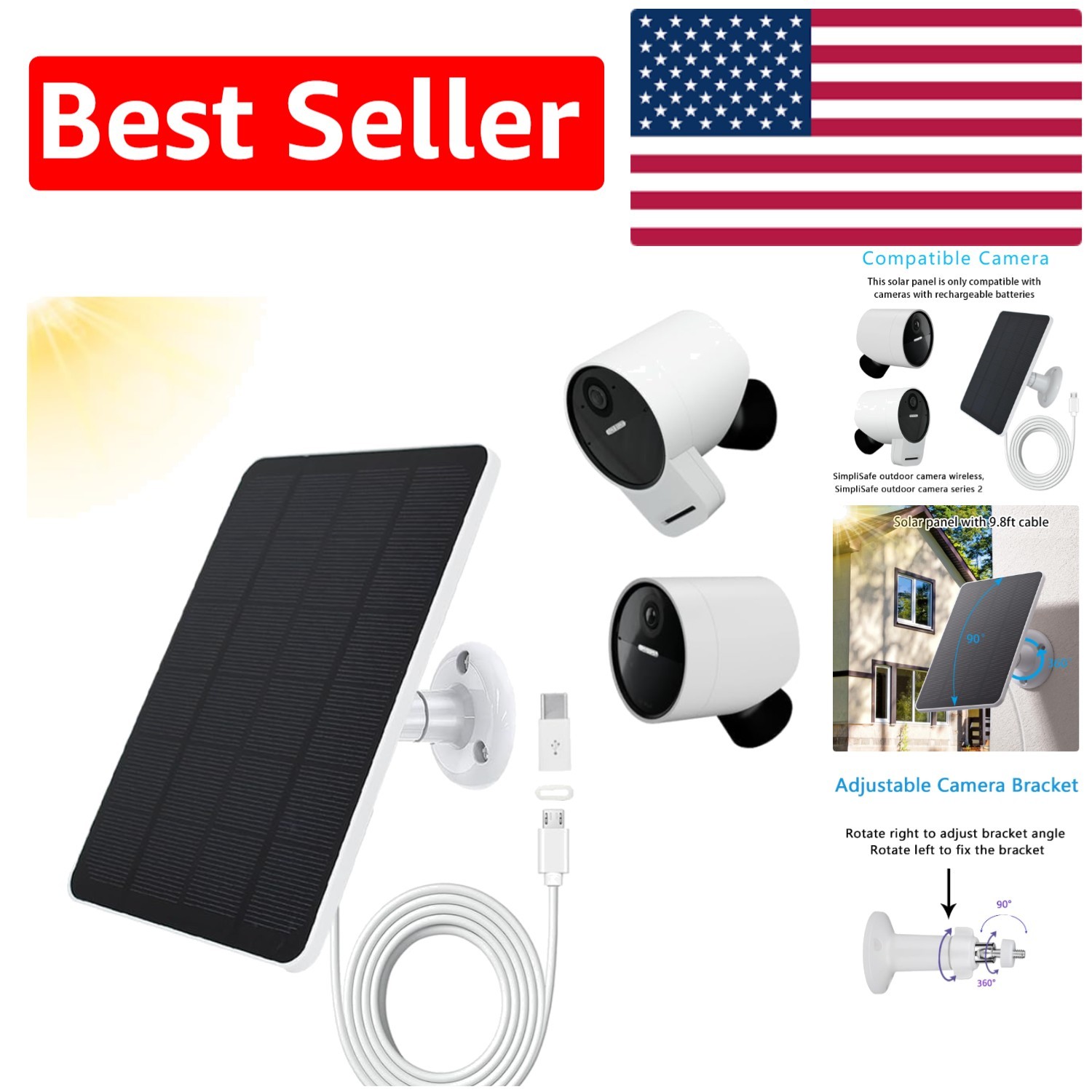 Panel solar de 4W con cable de 10 pies - Perfecto para cámaras de seguridad exteriores SimpliSafe