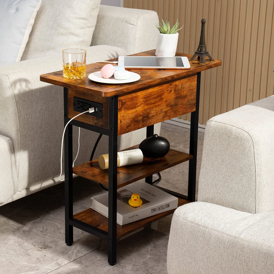 End Table with Charging Station, USB Ports, Narrow Nightstand for Small Space - Image 3 of 4