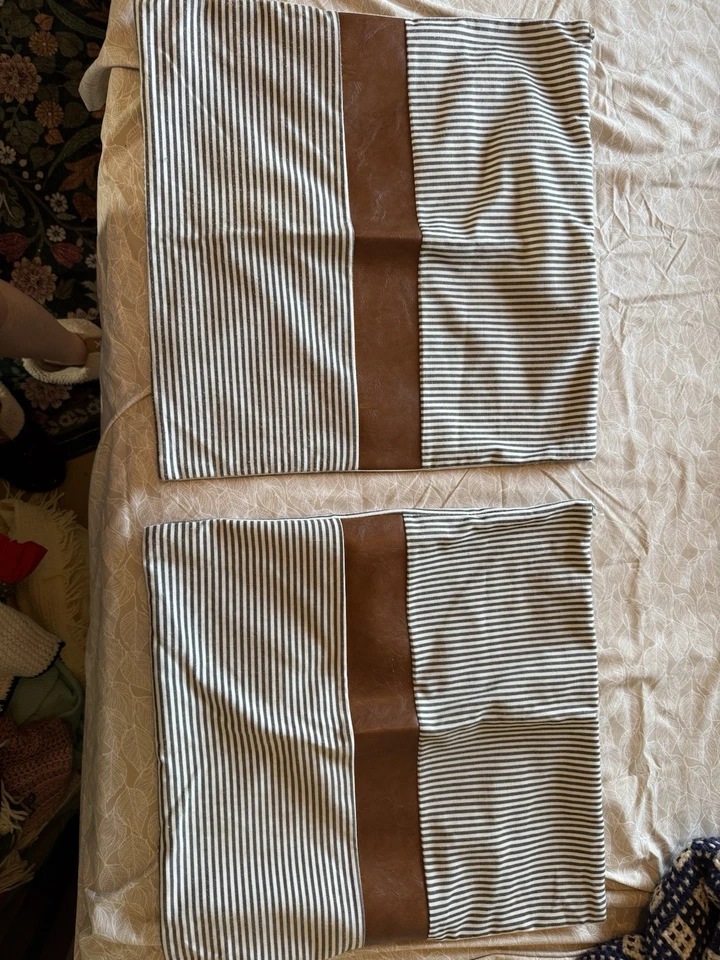Set of 2 18” X 18” Throw Pillow Covers Ticking Striped Faux Brown Leather - Image 2 of 4