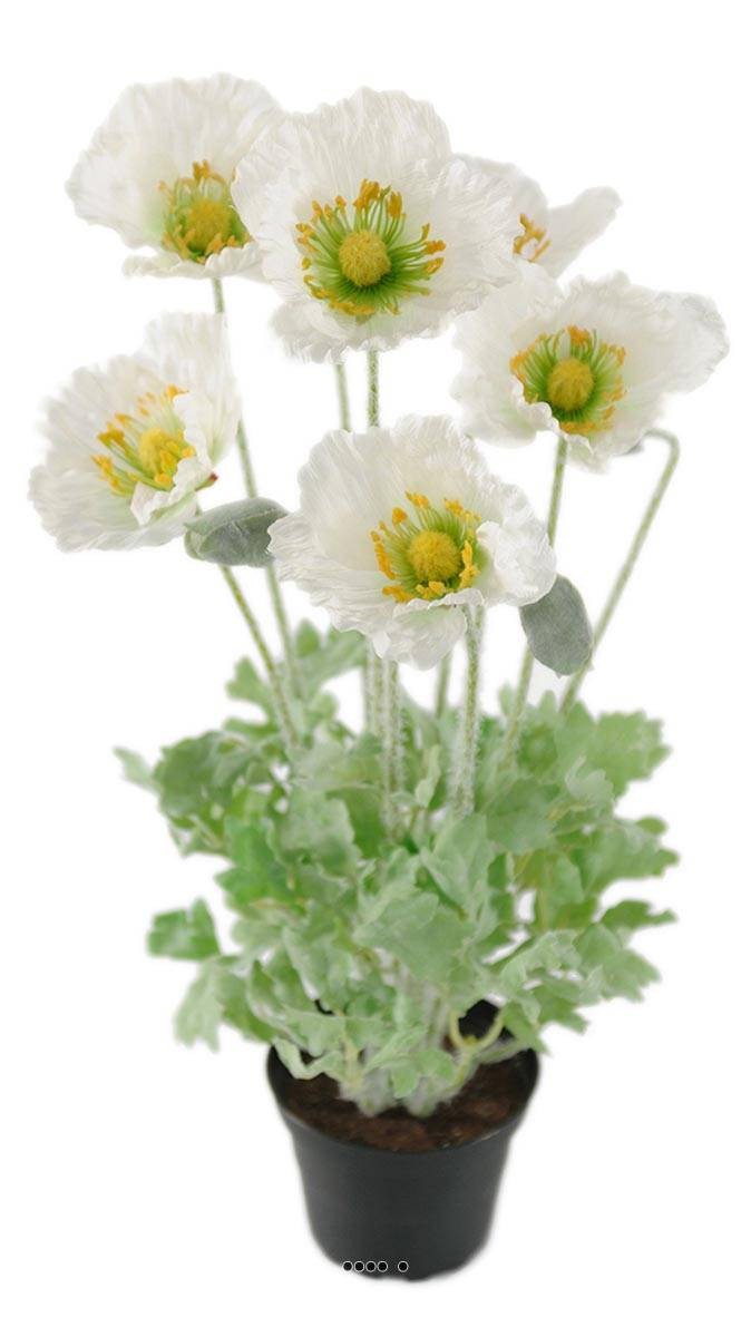 Pavot artificiel en pot qualité top fleur soie crème 45cm