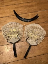 Qty 2 ANTIQUE INDONESIAN SHADOW PUPPET WAYANG PEACOCK FLAT HAND FAN HORN HANDLE