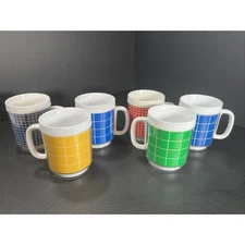 6 Vtg Thermo Serv Plastic Mugs Graphic Check Plaid Modern Primary Colors