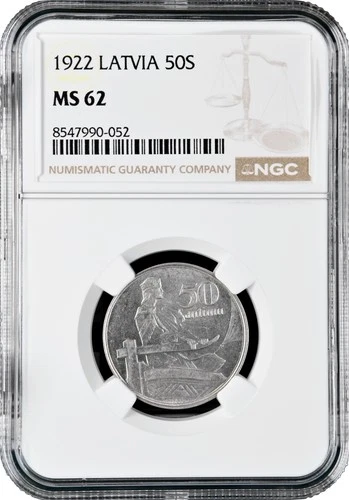 Latvia 50 santimu 1922, NGC MS62, "First Republic (1922 - 1940)"