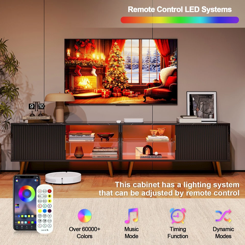 Armário de TV de madeira suporte de TV com portas, luz LED e prateleira aberta para sala de estar EUA - Imagem 2 de 4