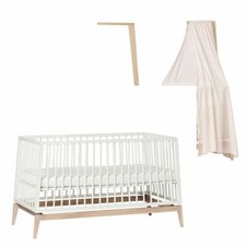 Leander Luna Babybett 140x70cm - weiß/Eiche + Himmelgestell Eiche + Himmel dusty