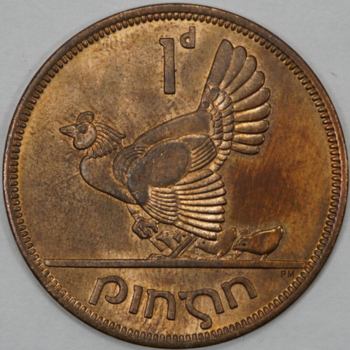 1950 Irlandia 1 grosz, nieobiegowy (uszkodzenie gumki rt kury) - Zdjęcie 1 z 2