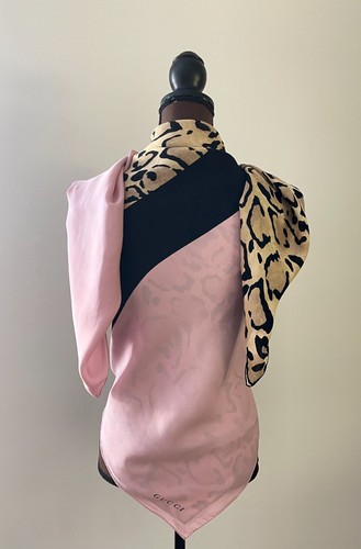 New Unisex Gucci Oversize Shawl Pink Chiffon Logo Animal Print Silk Wrap Scarf - Picture 21 of 21