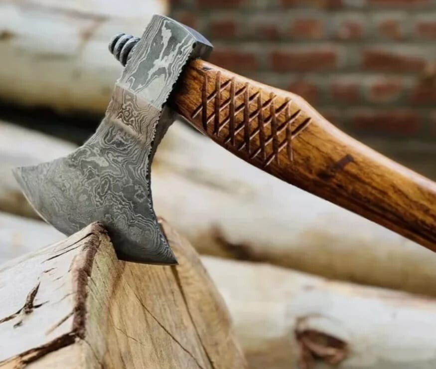 Handmade Damascus Steel Axe – Camping & Woodworking Hatchet with