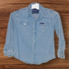 Vtg Wrangler Shirt Boys XS 3-4 Denim Pearl Snap Rodeo Cowboy Western