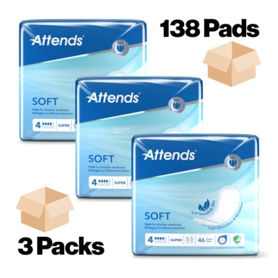Attends Soft 4 Super - 3 Packs of 46 (138) - Unisex Discreet Incontinence Pads