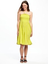 New Old Navy Women Yellow Textured Smocked Bodice Halter Cotton Dress L