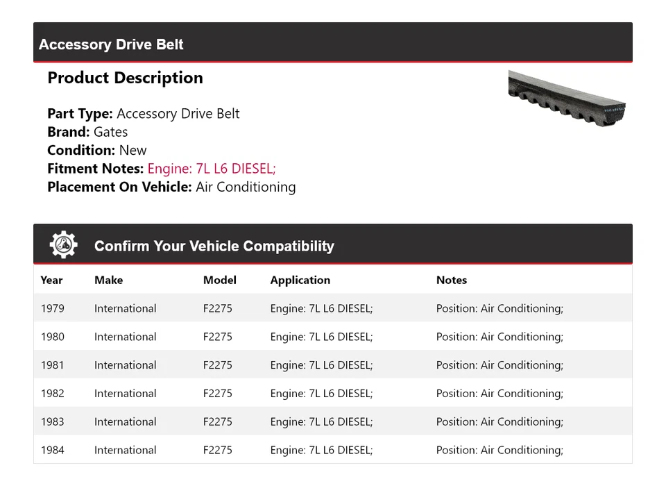 Correa de transmisión diésel para puertas de aire acondicionado International F2275 1979-1984 7L L6 Foto 2 de 4