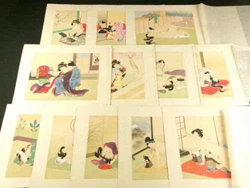 SHUNGA Japanese Antique 12 Paintings Set Hand Painted Kimono Geisha Silk b773