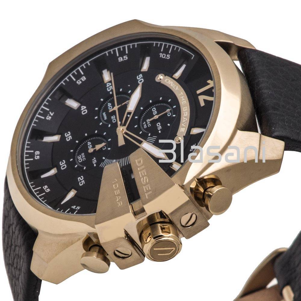 Diesel DZ4344 Mega Chief Men's Gold Black Dial Black Leather