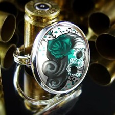 Teal Girl Sugar Skull Handmade Silver Punk Rock Ring